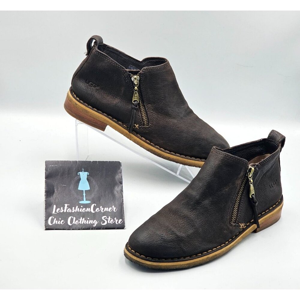 UGG Women's Dark Brown Leather Clementine Shearling Leather Ankle Boot Sz 7 2953 - Picture 9 of 16